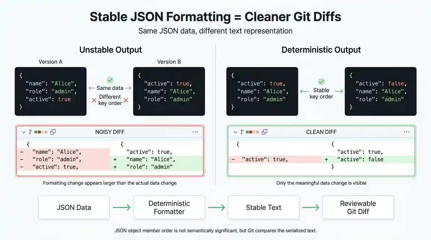 JSON Formatting for Git Diffs and Stable Output